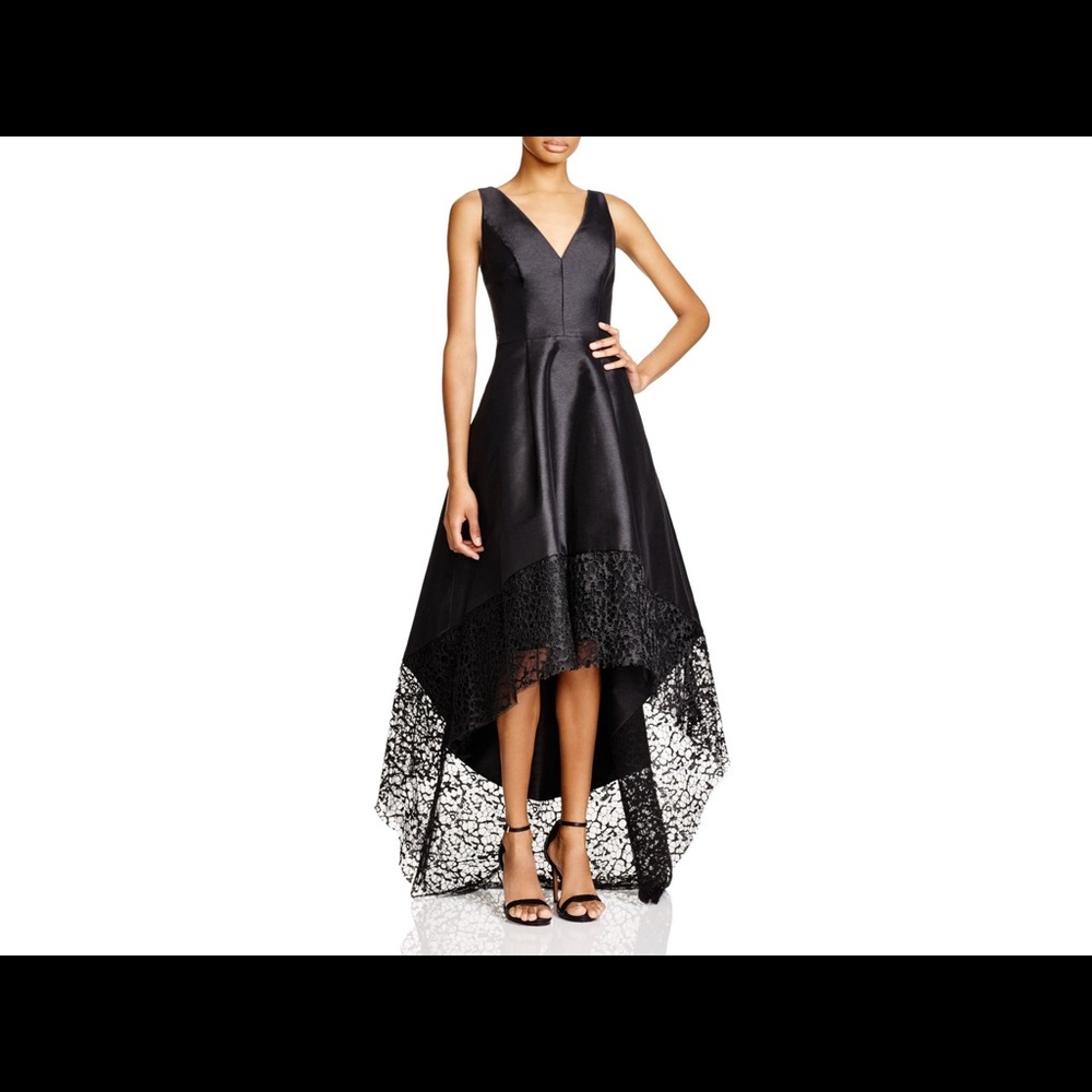 Monique Lhuillier Black High Low Dress with Lace Detail